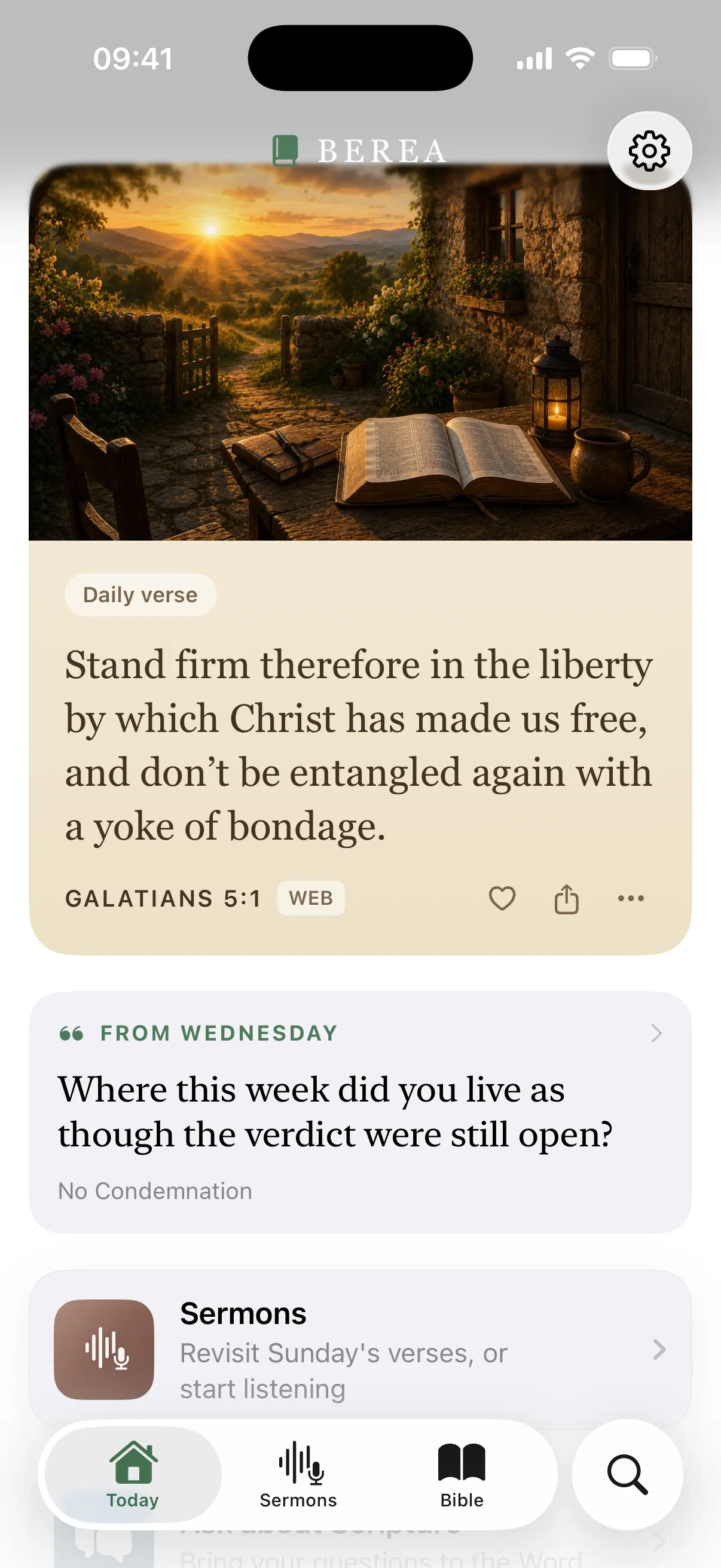 Today screen with the daily verse on light paper and a reflection question carried over from Wednesday